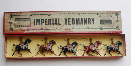 Britains Set no. 105 Imperial Yeomanry with original printers flowers box, prewar, five pieces. Estimate: $250-$350. Image courtesy of Old Toy Soldier Auctions.